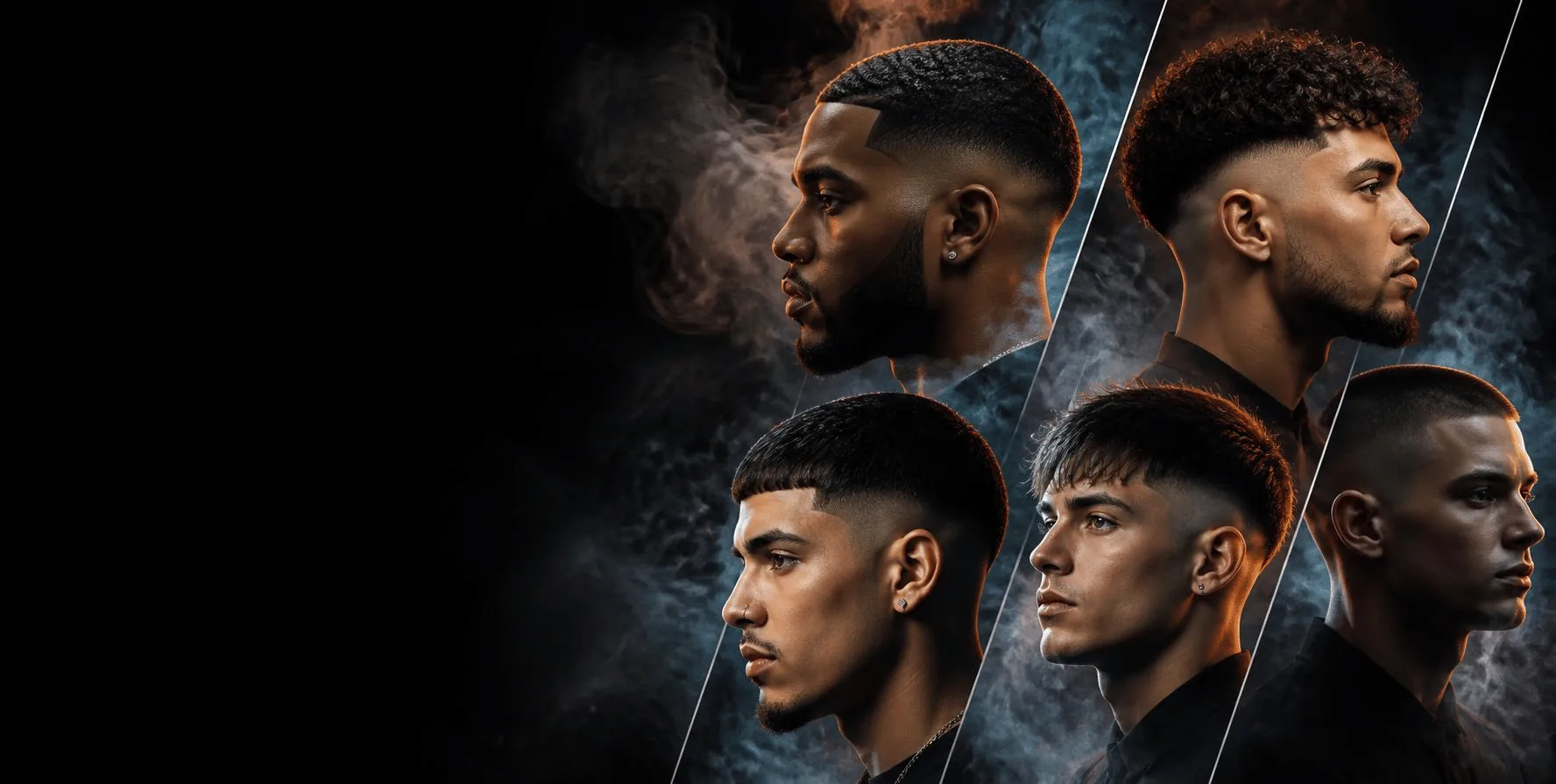 Collage of five men with different haircuts: drop fade, curly top fade, crop fade and buzz cut, in dark smoke