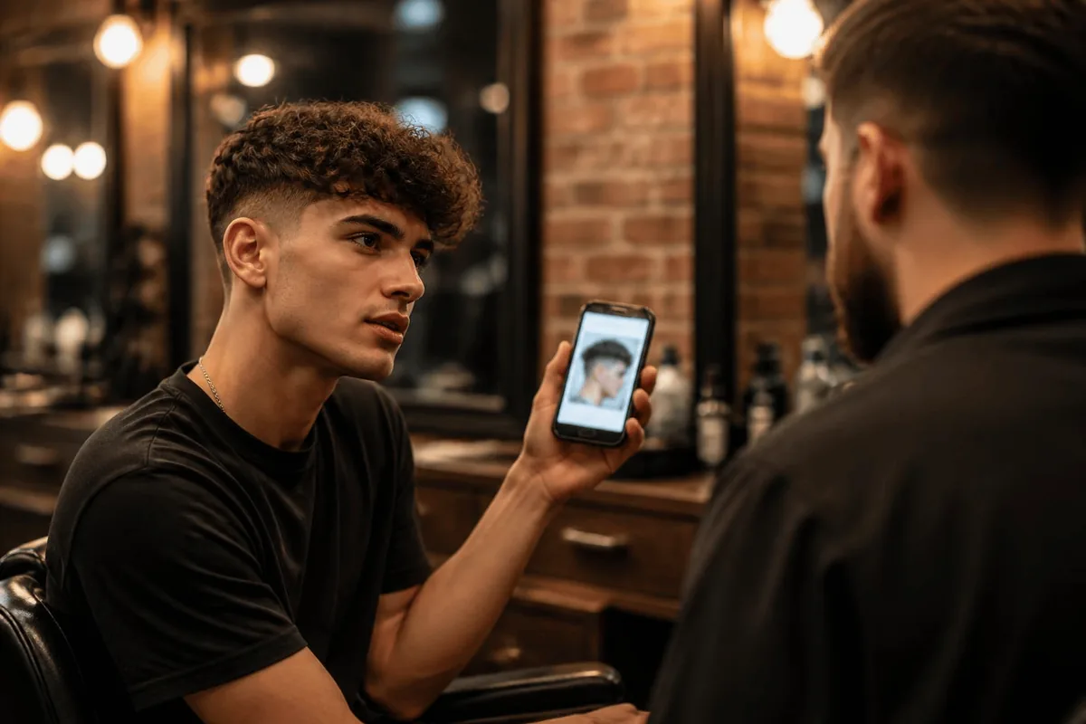 Young man with curly hair showing a reference photo on his phone to a barber to ask for a drop fade curly hair cut