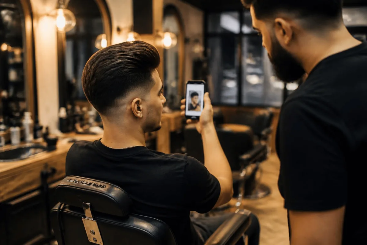 Ask barber for drop fade pompadour phone photo
