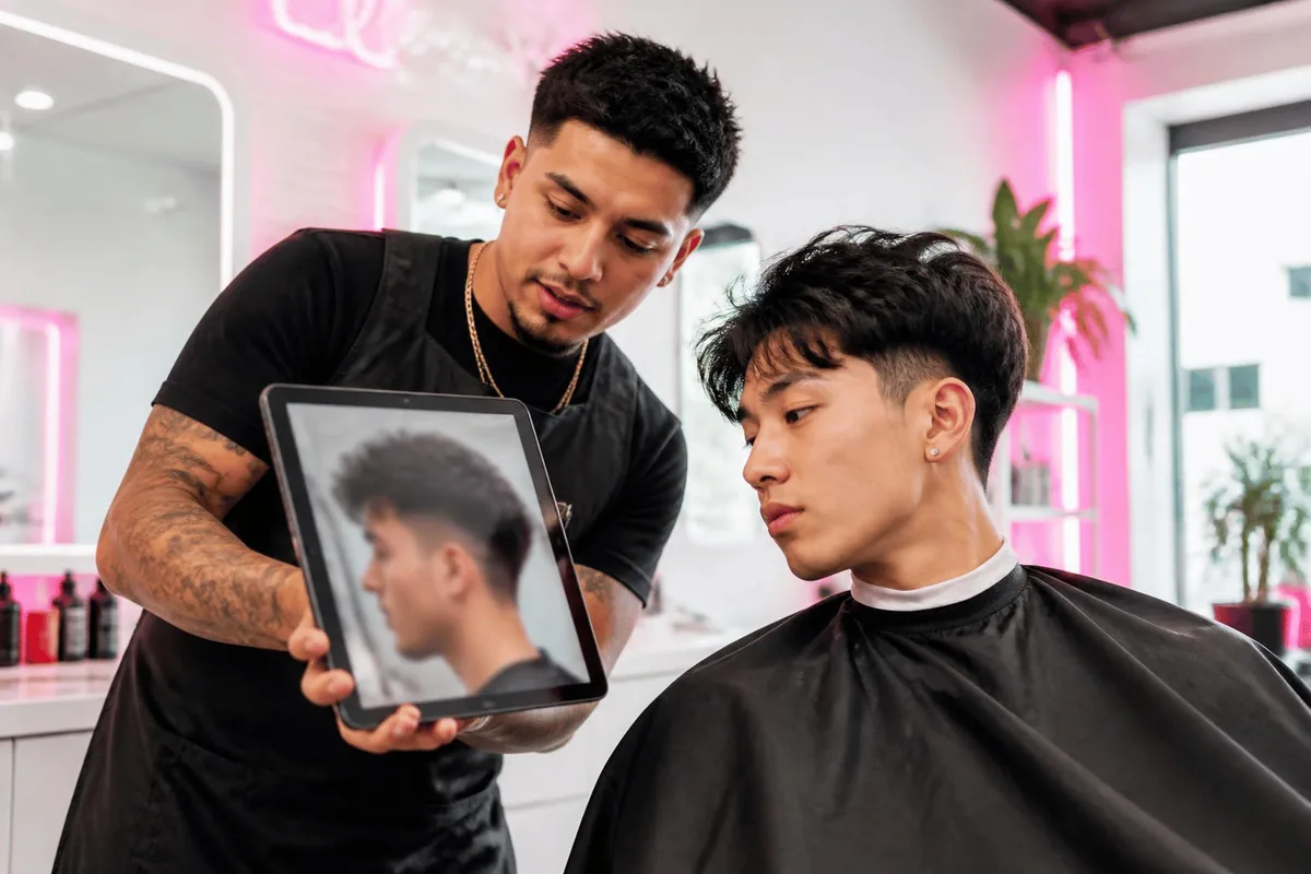 Latino barber with a tattooed forearm showing a reference photo on a tablet to an East Asian client in the chair