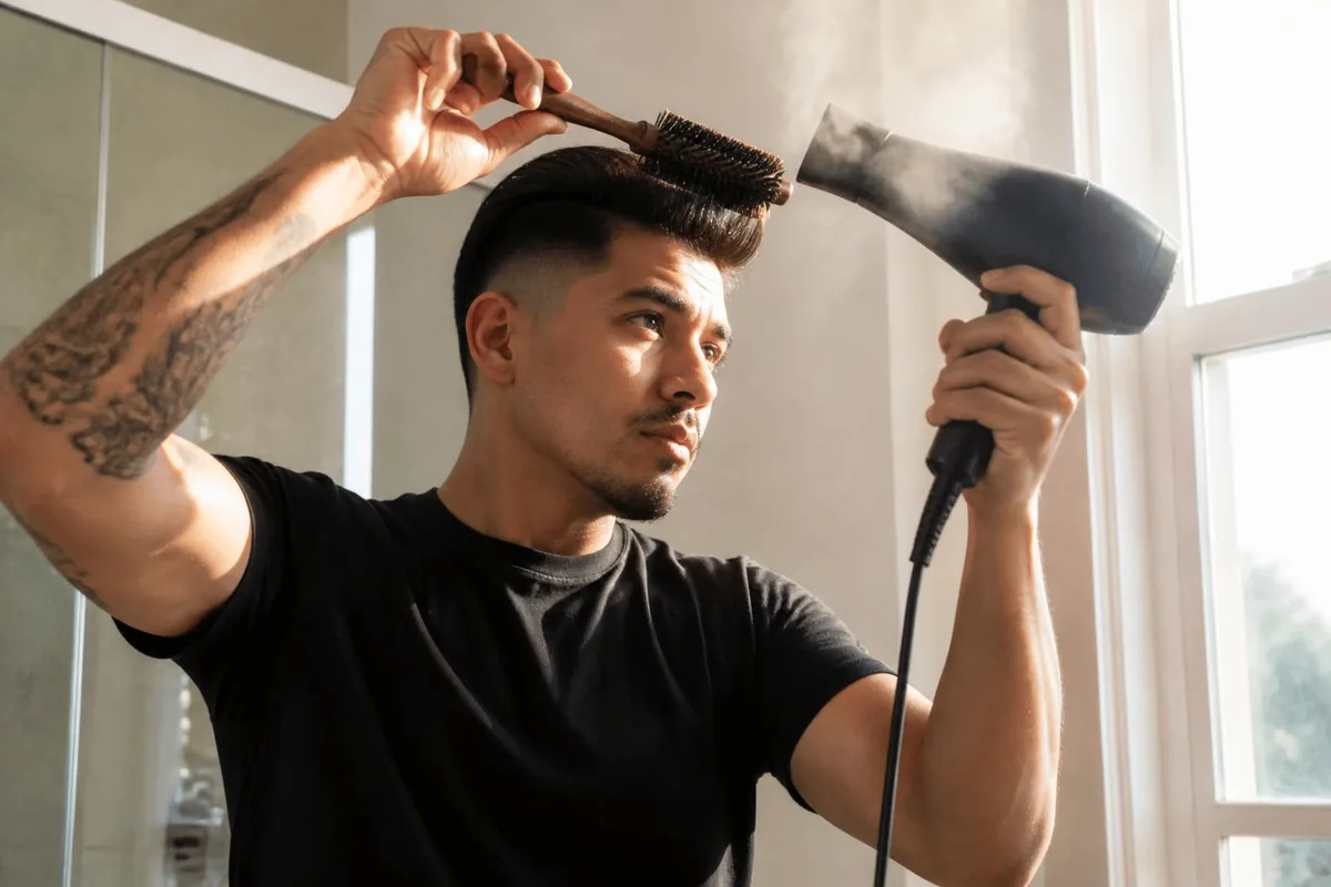 Blow dry drop fade pompadour round brush