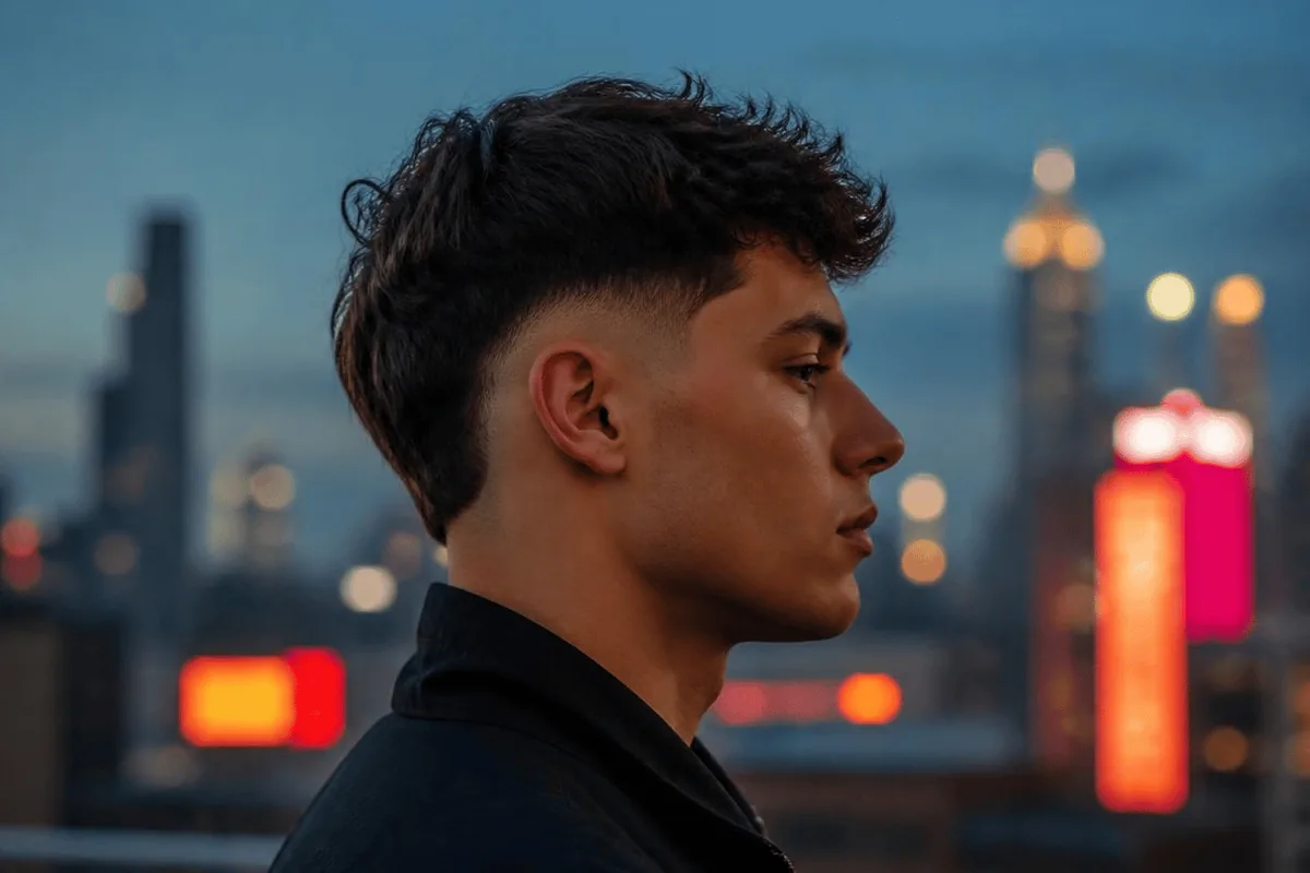 Burst fade haircut for men with a semi-circle blend around the ear