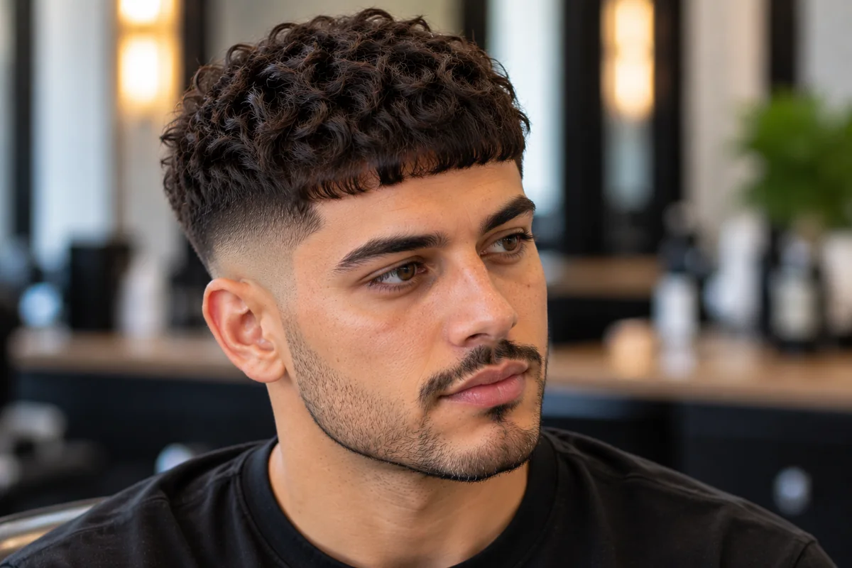 Man with curly hair and a Caesar cut with a crisp line-up and a faded side