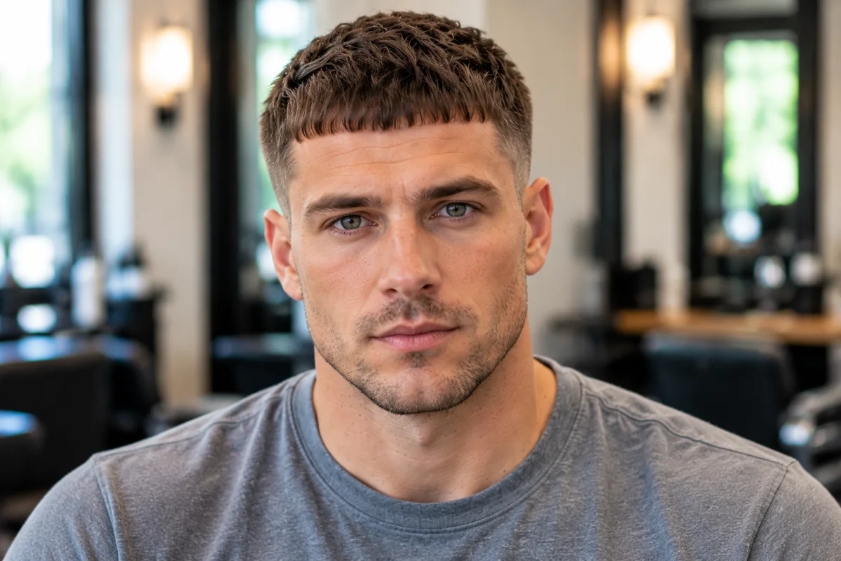 Caesar cut for men, front view with a short straight fringe and tapered sides