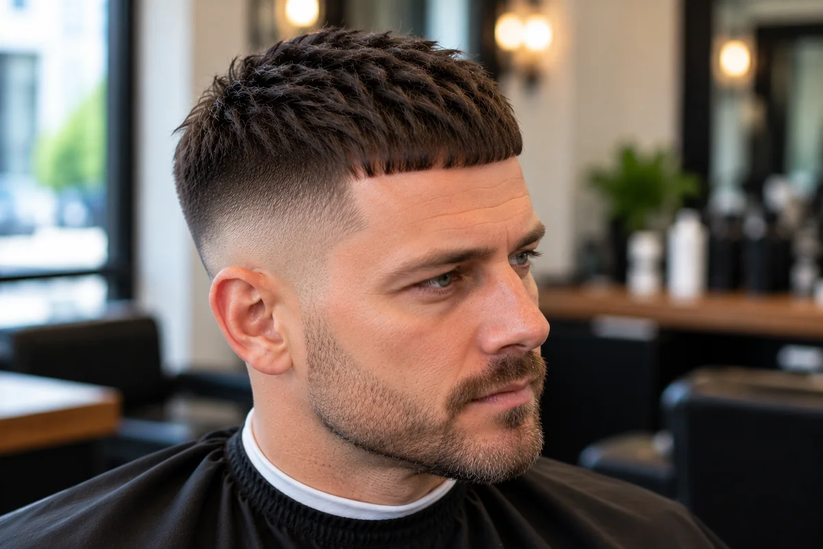 Caesar cut for a receding hairline: short straight fringe and tapered temples on a man with a high hairline, side view