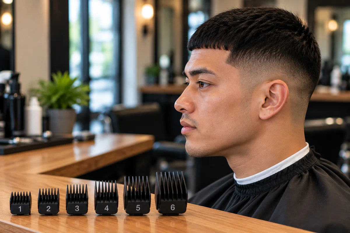 Clipper guards number 1 to 6 laid out to show Caesar cut lengths on top and sides