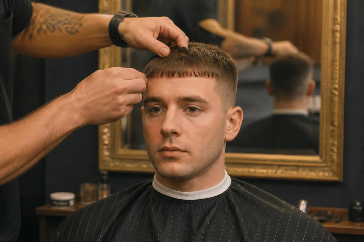 Caesar cut haircut for men with a straight fringe and tapered sides in a barbershop