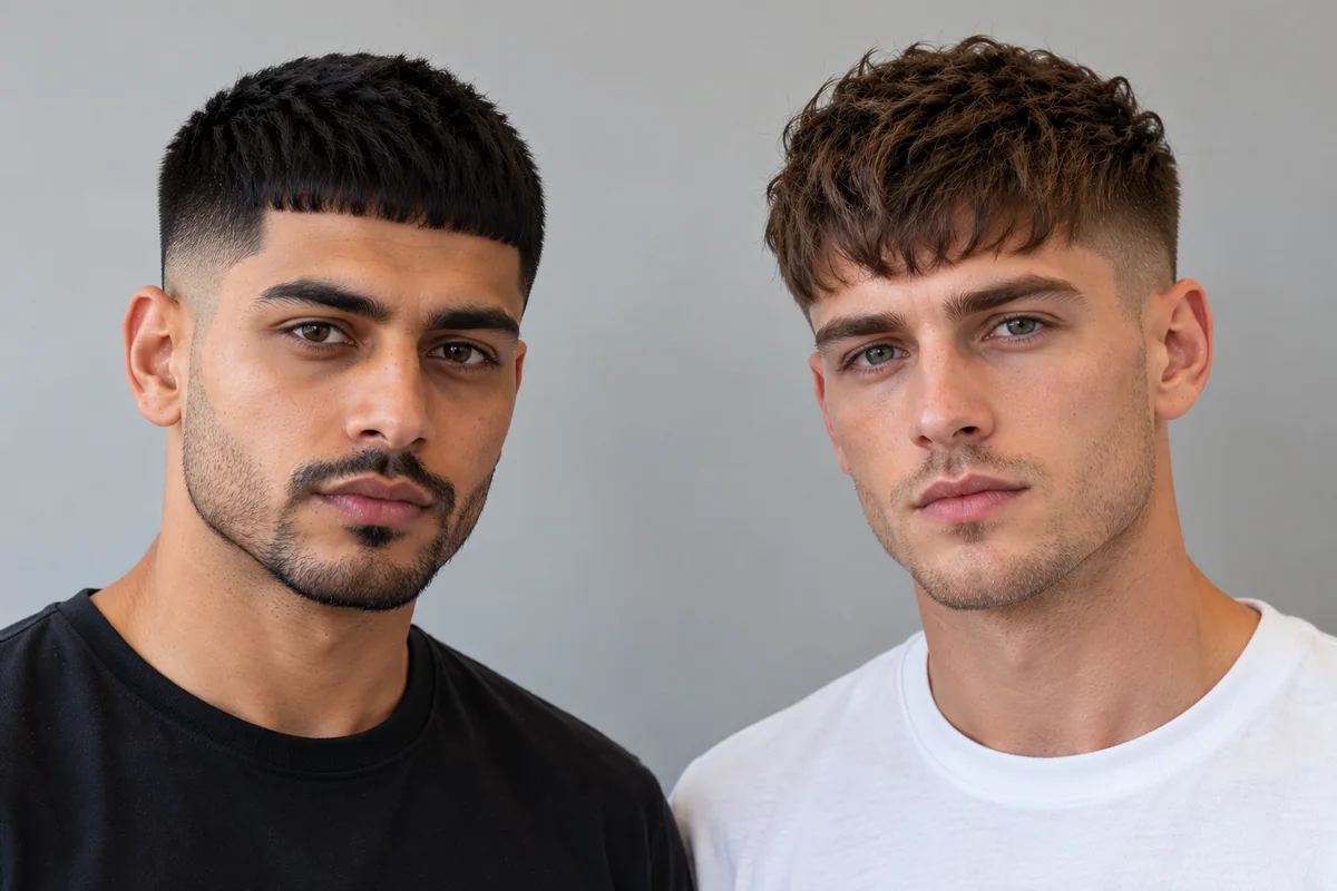 Two men side by side, one with a Caesar cut and one with a French crop, comparing fringe and top length