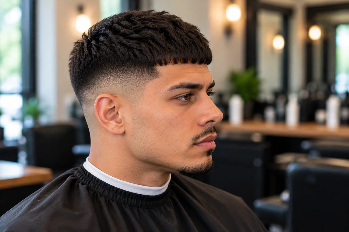 Man with a Caesar cut and a low fade, side profile showing the blend into the neckline