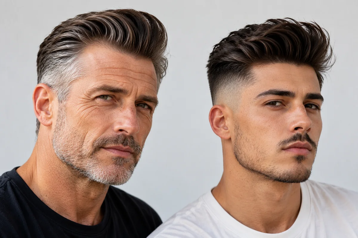 Two men side by side, one with a classic glossy pompadour and one with a modern matte pompadour