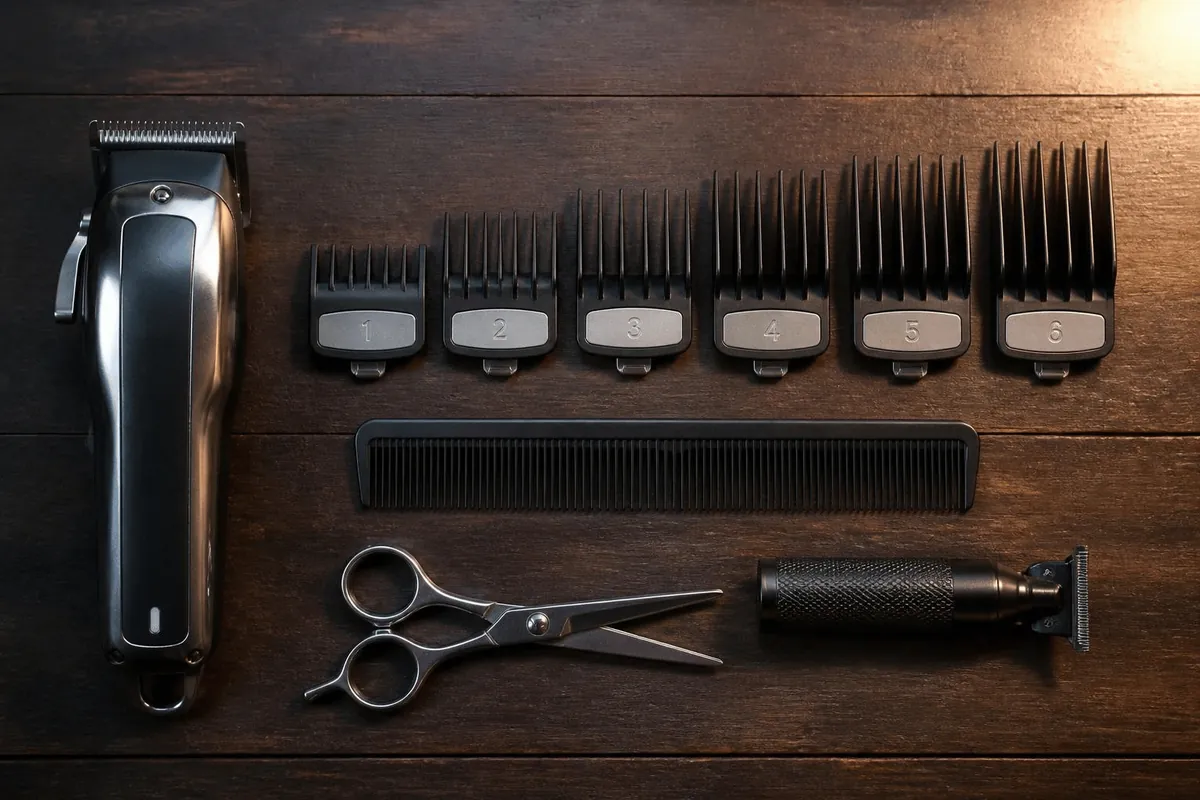 Clipper guard numbers for a low taper fade laid out on a barber station