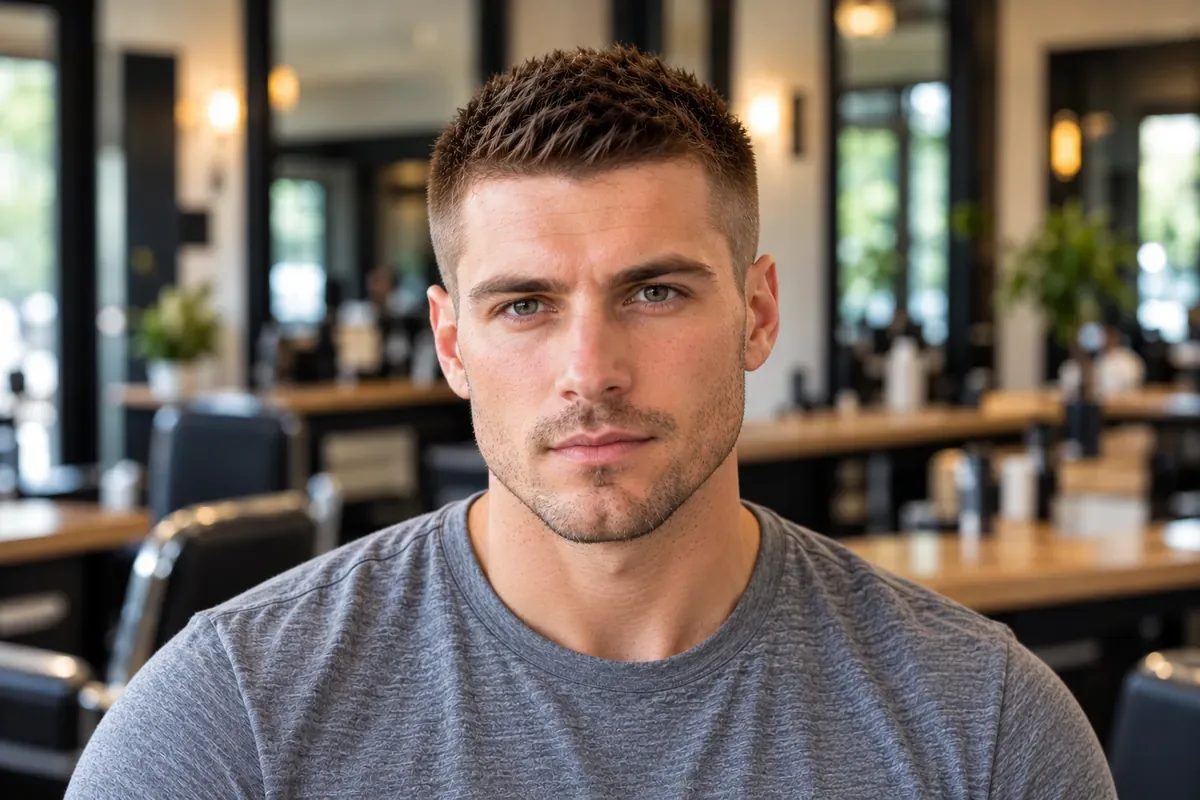 Classic crew cut for men, front view with a short brushed-forward top and tapered sides