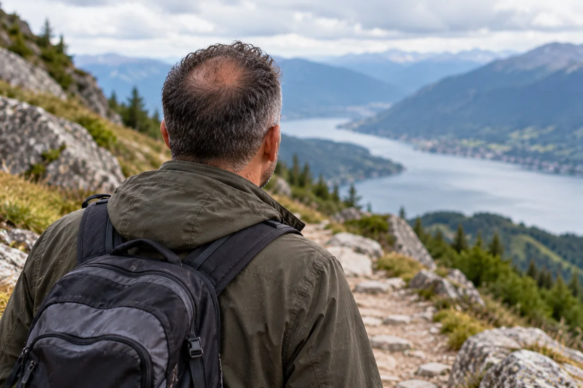 Back view of a man with a thinning crown wearing a short crew cut with a tapered neckline