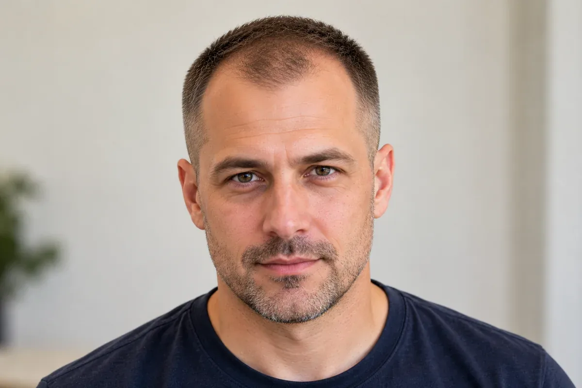 Man with a receding hairline and a short crew cut with a soft natural front hairline