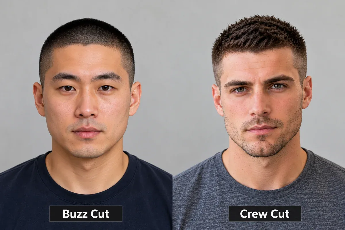 Two men side by side, one with a crew cut and one with a buzz cut, comparing top length