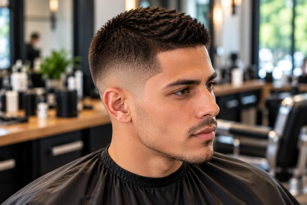 Man with a crew cut and low taper fade, side profile showing the blend into the neckline