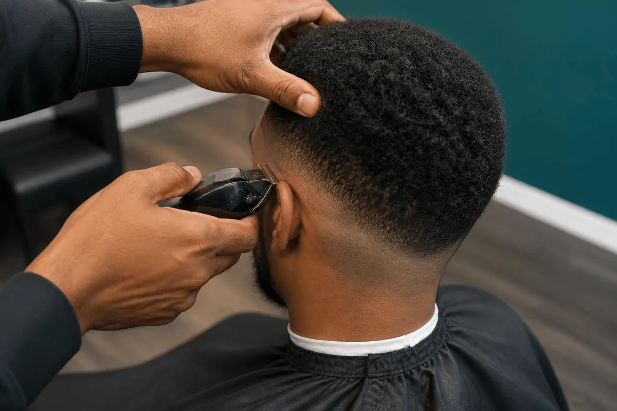 Barber cutting a drop fade on dry coily hair with clippers curving behind the ear, seen from behind and above