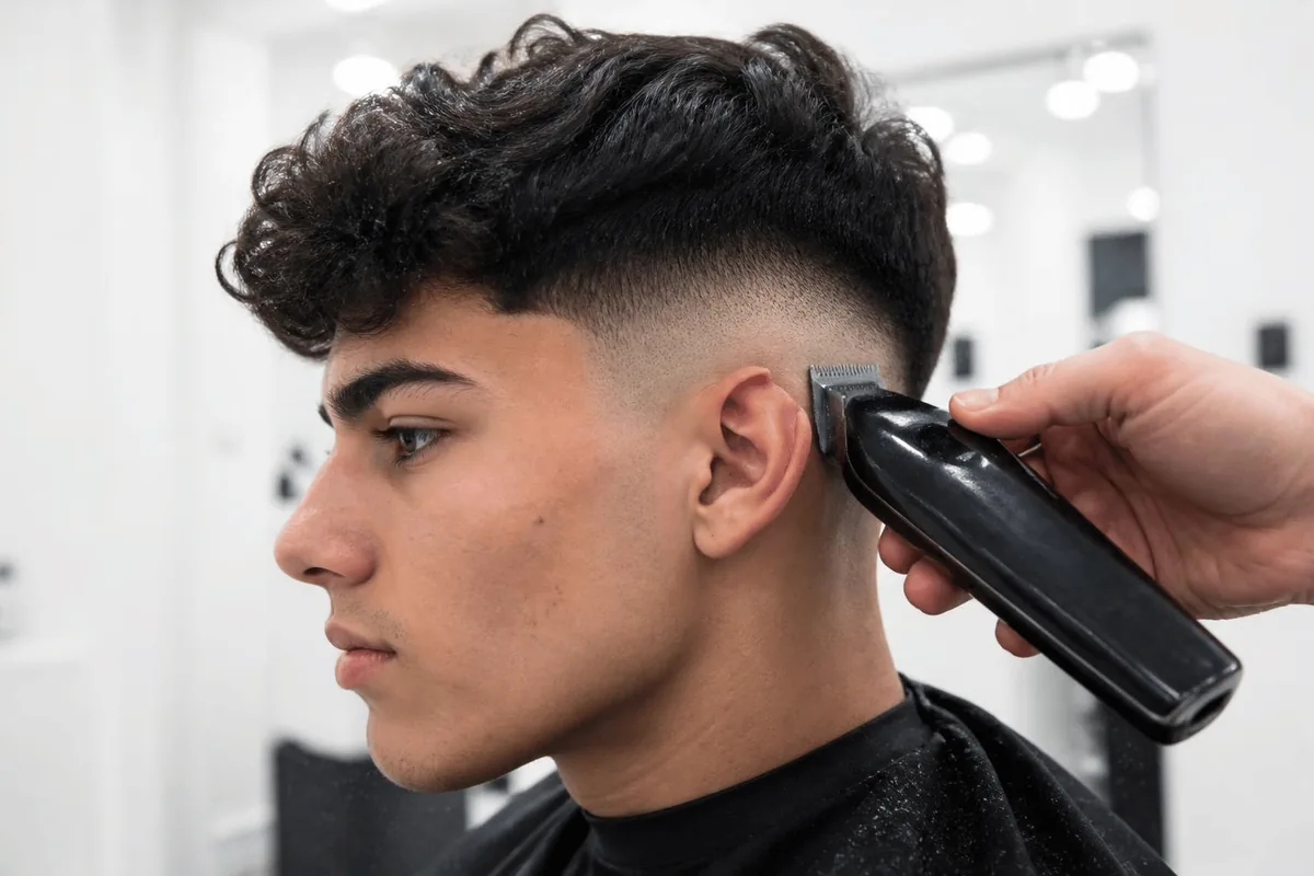 Barber carving a high drop fade above the ear of a young man with a curly top using clippers in a bright white salon