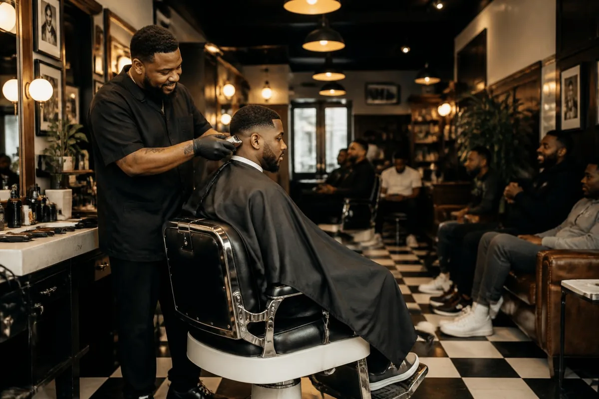 Drop fade black men barbershop checkerboard floor