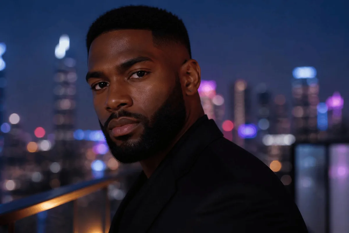 Drop fade black men beard city rooftop