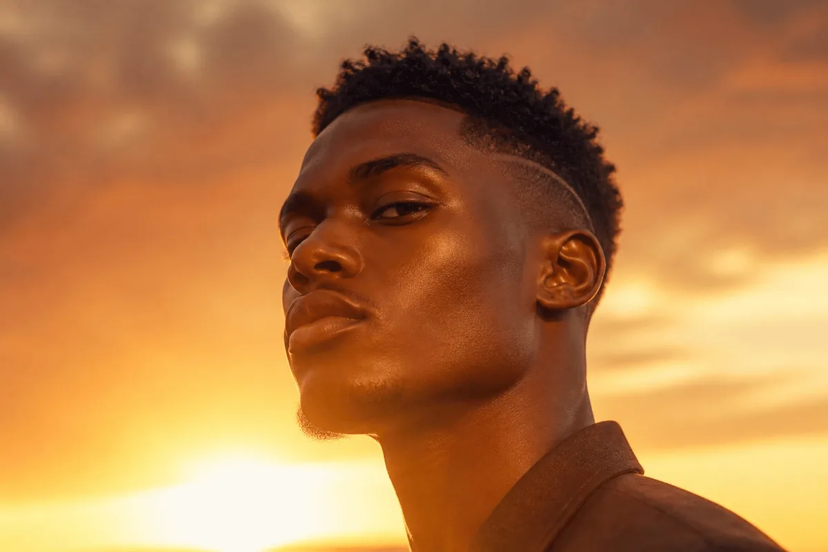Drop fade black men style on a young Black man with a sharp jawline and short coily top, low angle portrait at golden hour