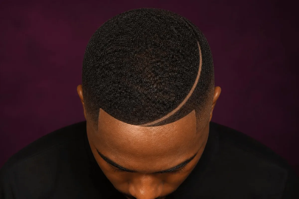 Drop fade black men top down curve view