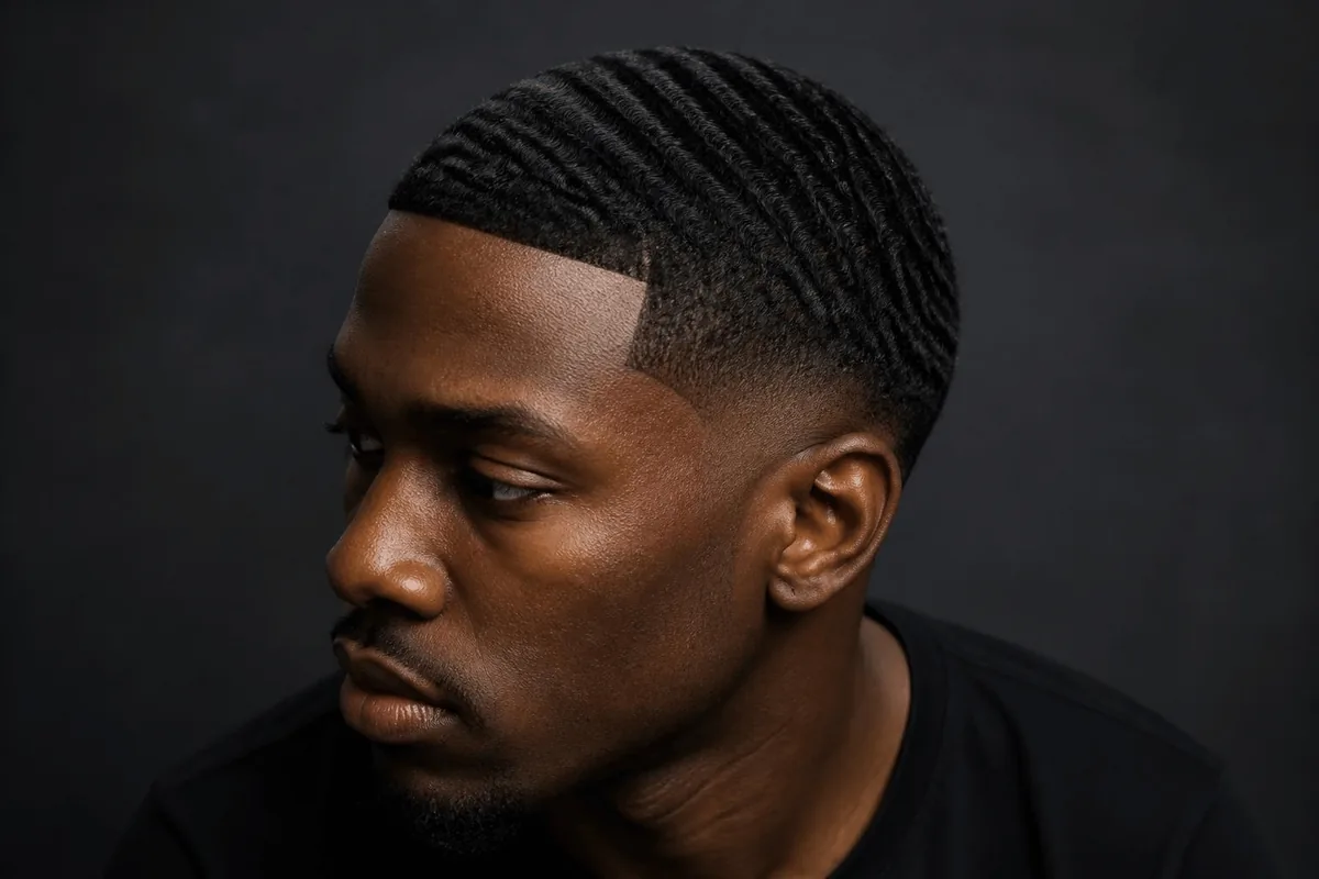 Drop fade for Black men with 360 waves and a sharp edge-up