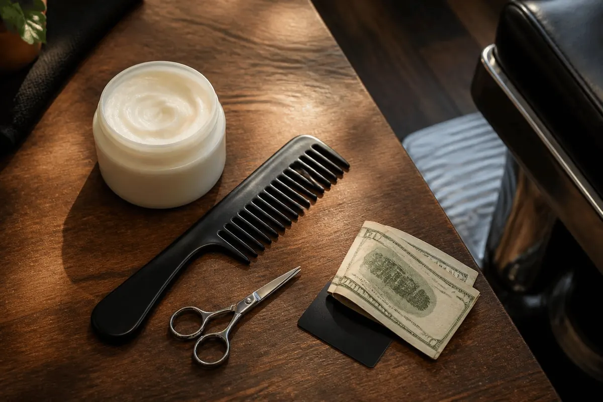 Curl cream jar, wide-tooth comb, small scissors and cash on a wooden table beside a barber chair, the cost of a drop fade curly hair routine