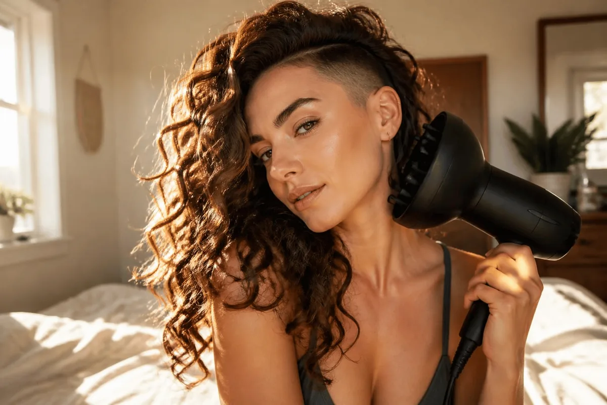 Woman with loose brown curls and a drop fade undercut drying her curls with a diffuser in a sunlit bedroom