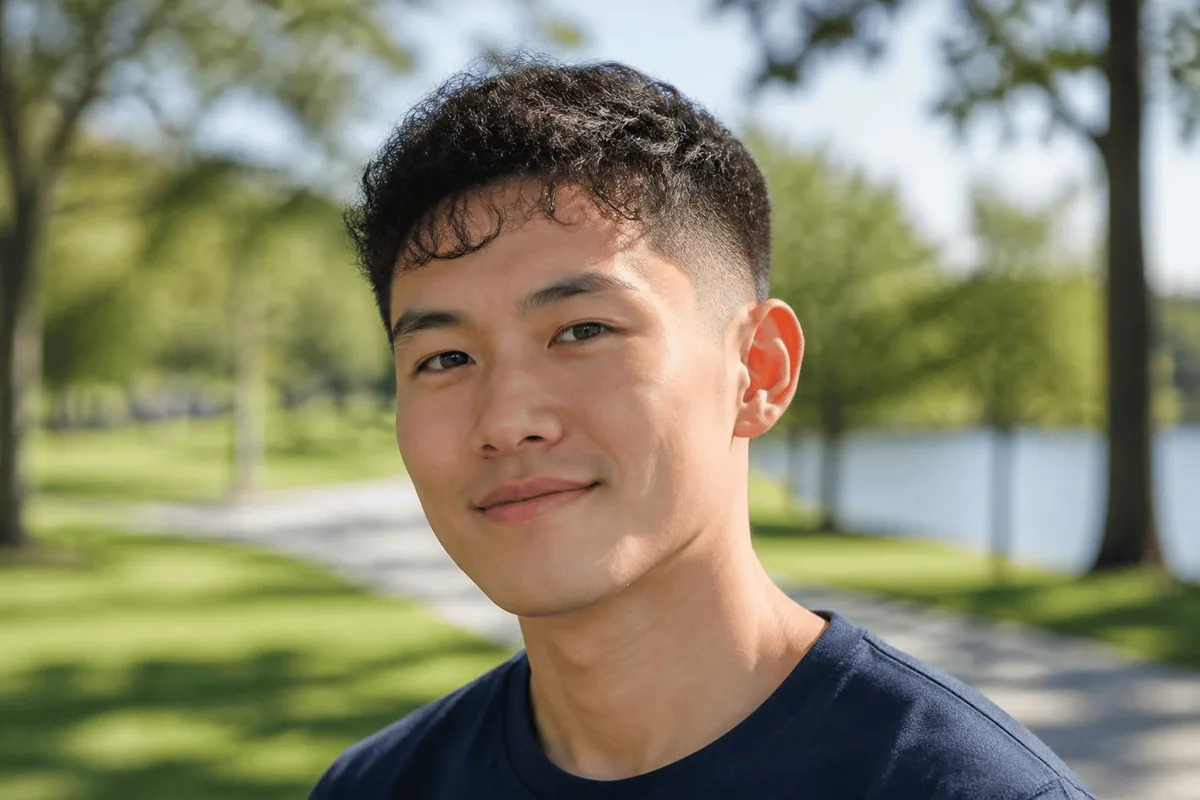 East Asian man with fine, loose curls on top and a drop fade smiling in a sunny park