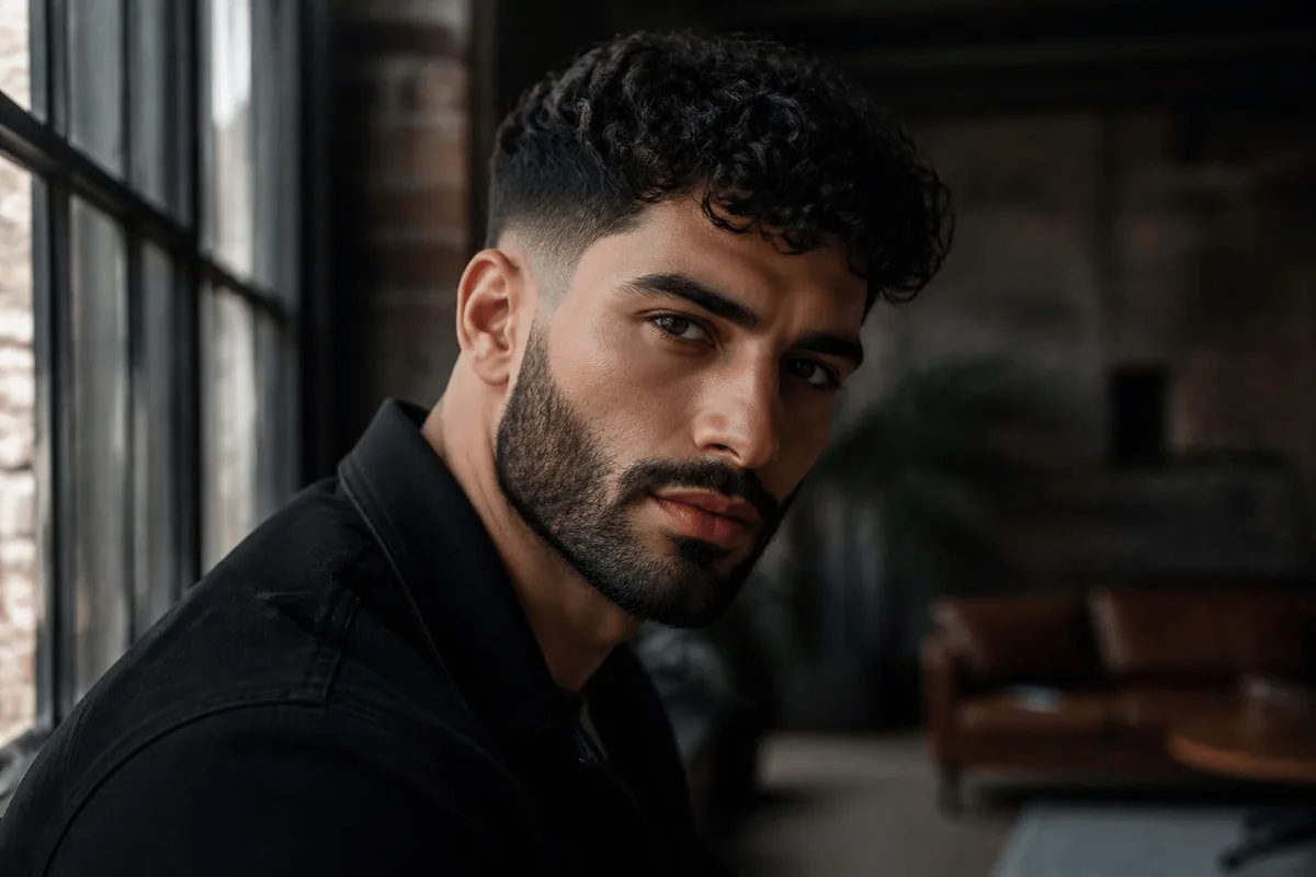 Man with a chiseled jawline, groomed dark beard and curly top with a drop fade blending into the beard in an urban loft