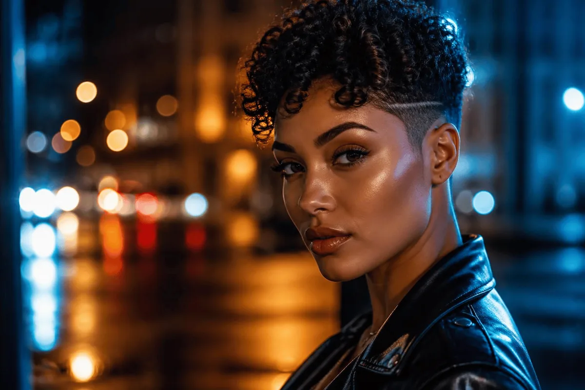 Young woman with tight curls and a sharp drop fade in a leather jacket on a night street with city lights