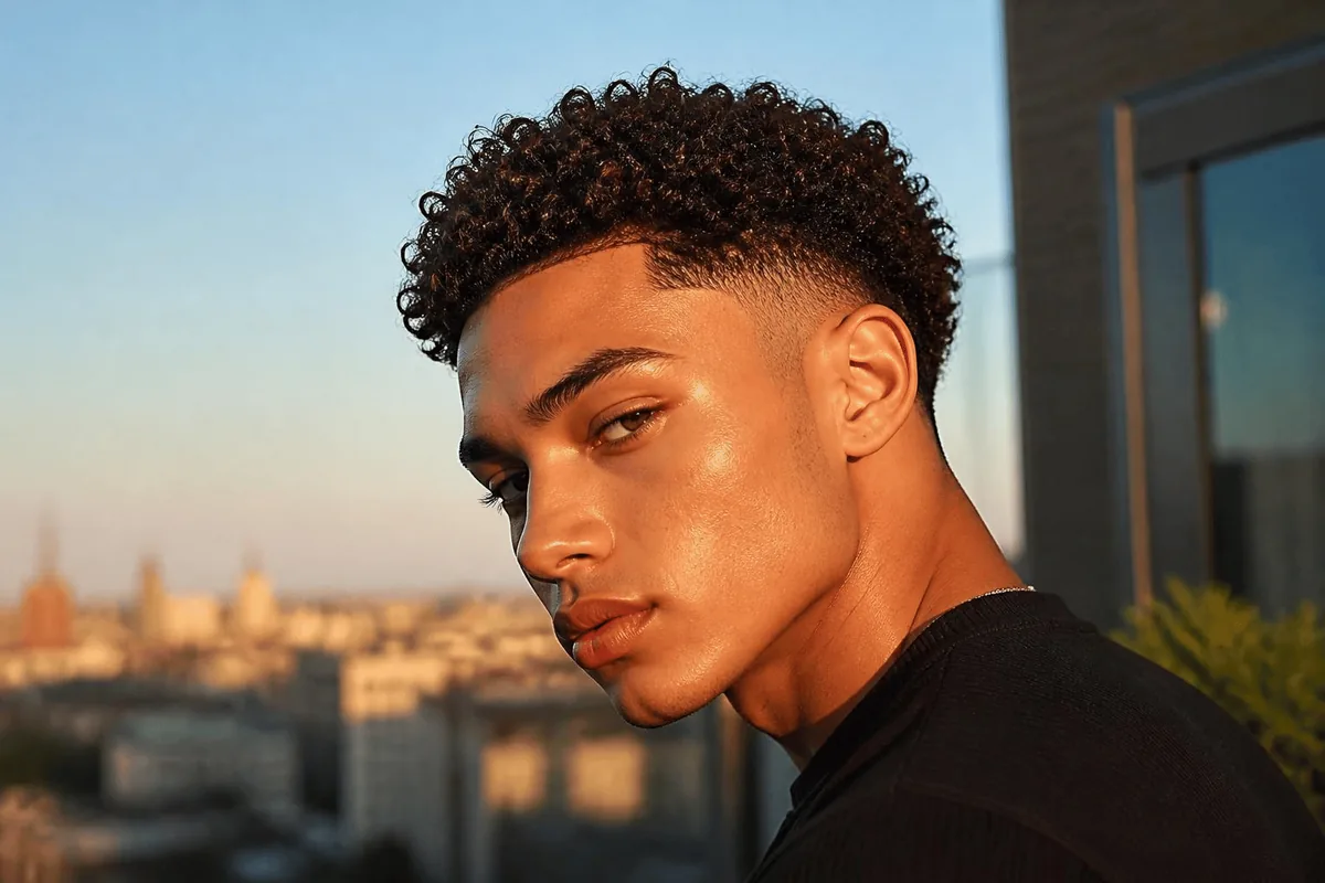 Drop fade curly hair on a young man with a sharp jawline, tight curls on top and the fade curving behind the ear at golden hour on a rooftop