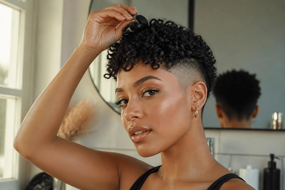 Woman with a curly drop fade undercut using a small sponge to twist the curls on her crown in a bright bathroom