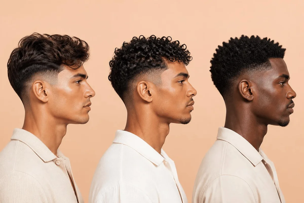 Three men in profile showing a drop fade curly hair cut on loose waves, springy coils and tight coils against a peach backdrop