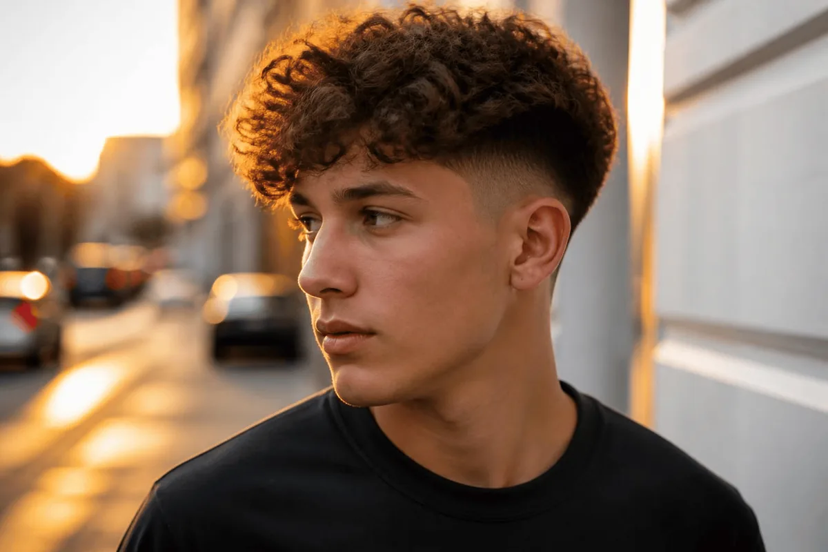 Drop fade for curly hair with defined curls on top and a curved fade behind the ear