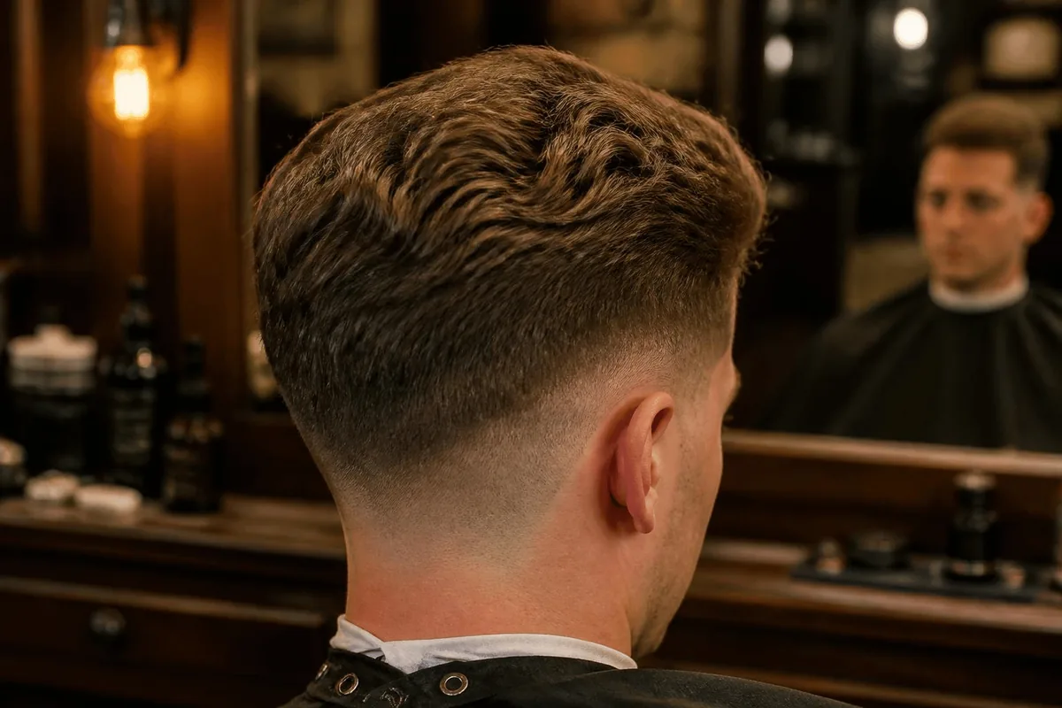 Drop fade haircut back view showing the arc dropping toward the neckline