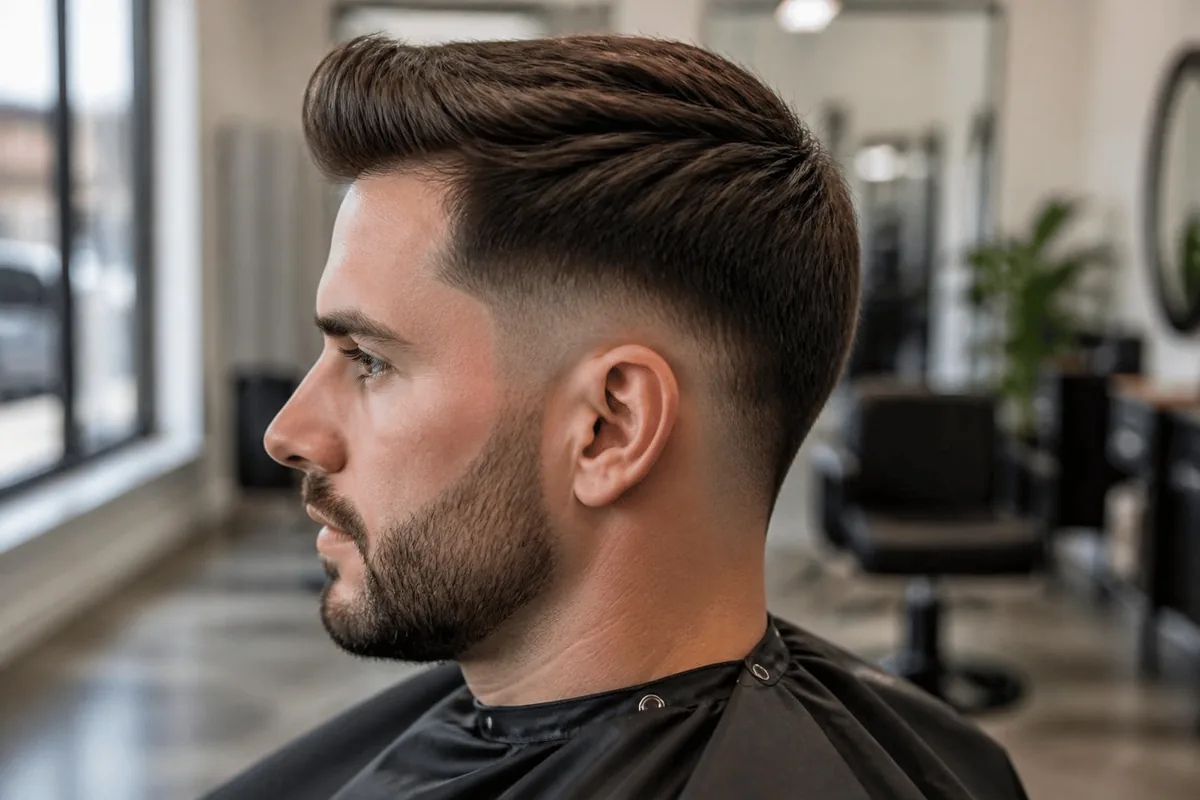 Drop fade haircut for men in side profile with the fade line curving behind the ear