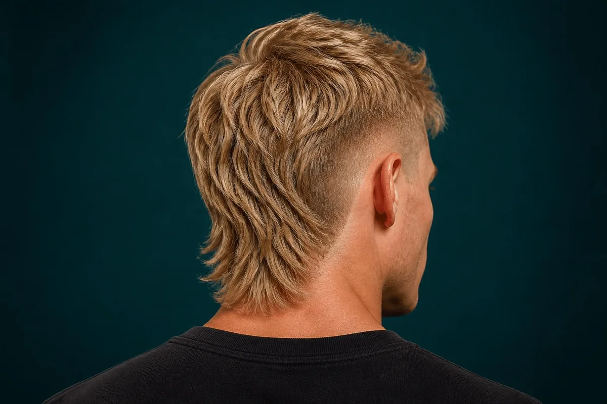 Back view of a blond drop fade mullet against a teal wall
