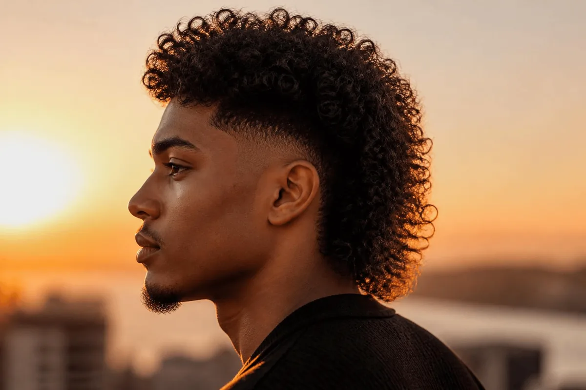 Profile of a curly drop fade mullet at sunset