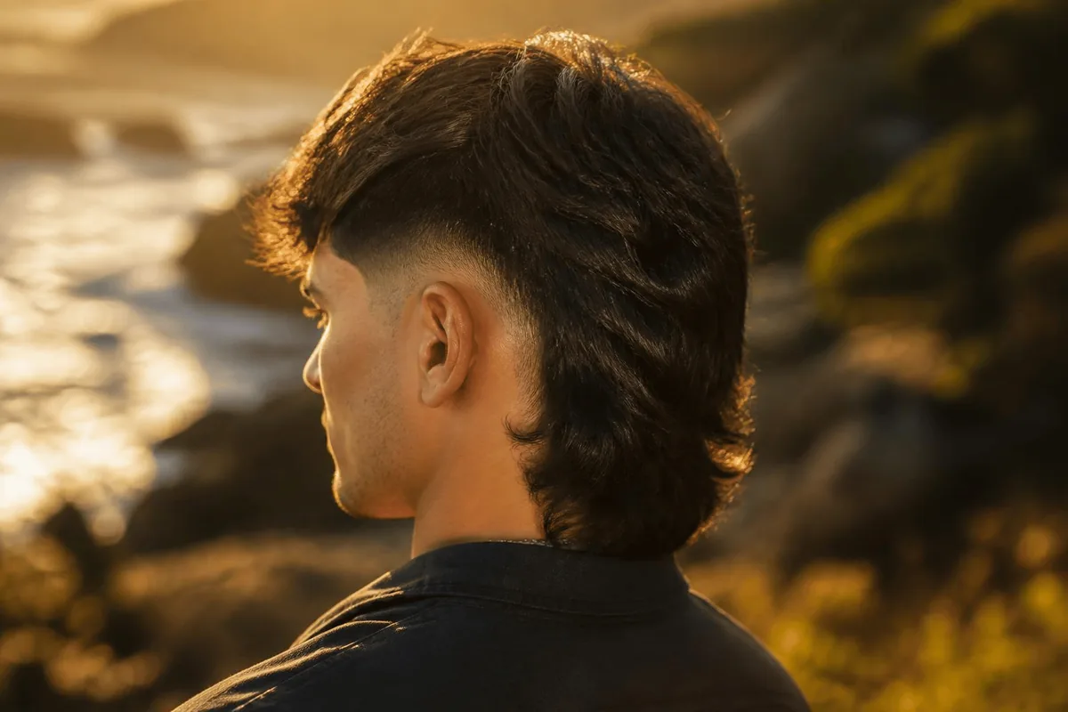 Drop fade mullet dark brown cliff golden hour