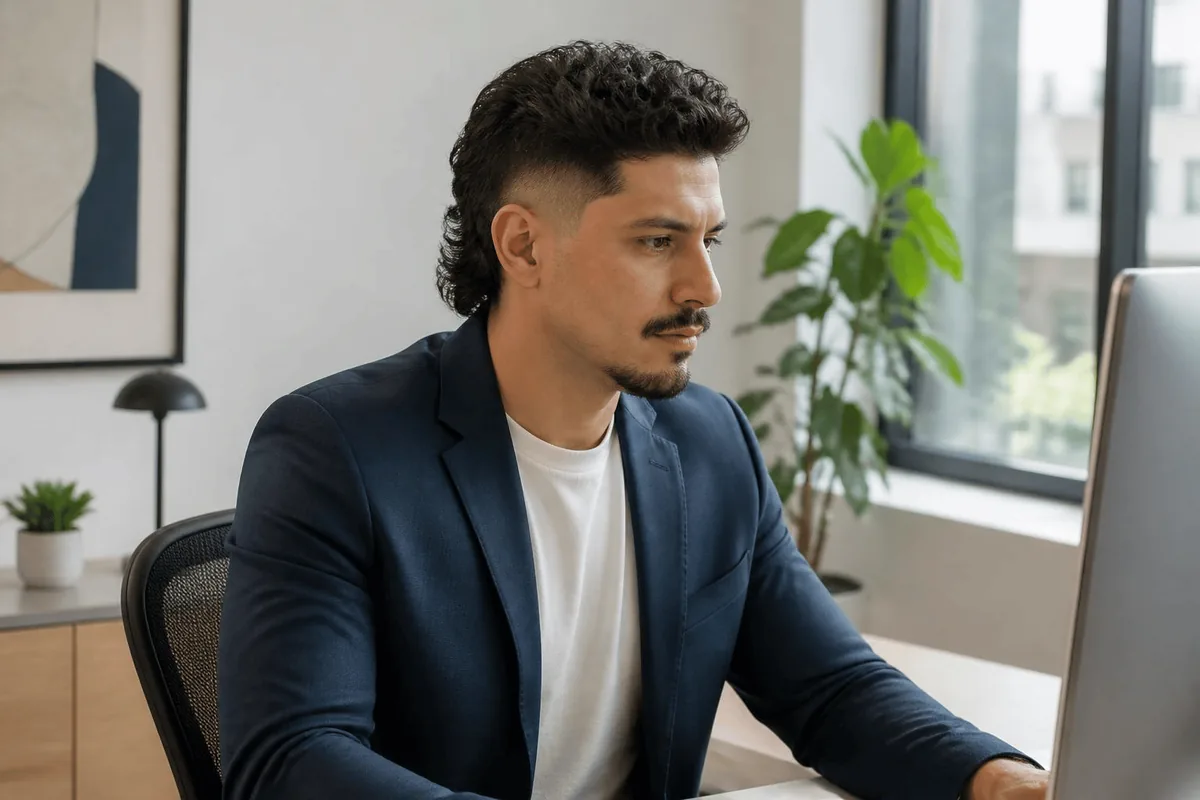 Drop fade mullet worn with a blazer in an office