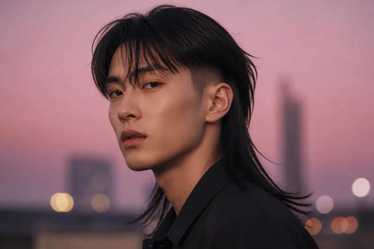 Straight hair drop fade mullet in pink dusk light
