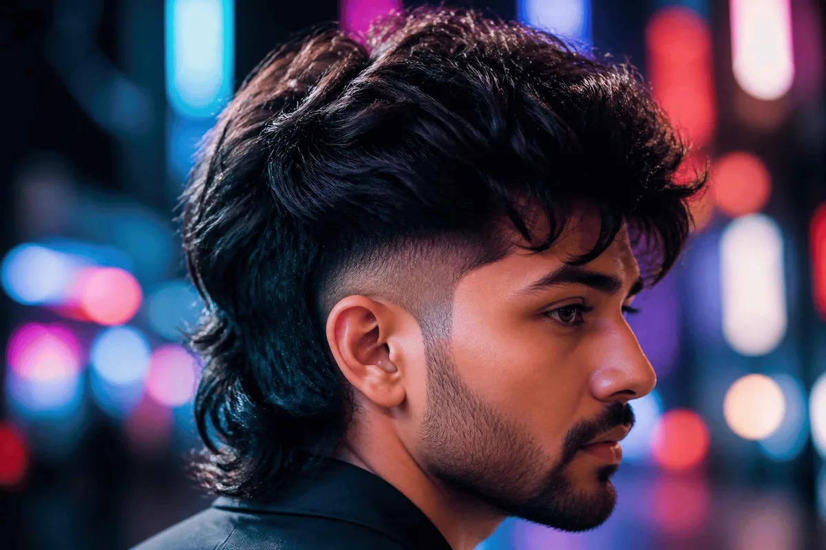Textured drop fade mullet style under neon bokeh lights