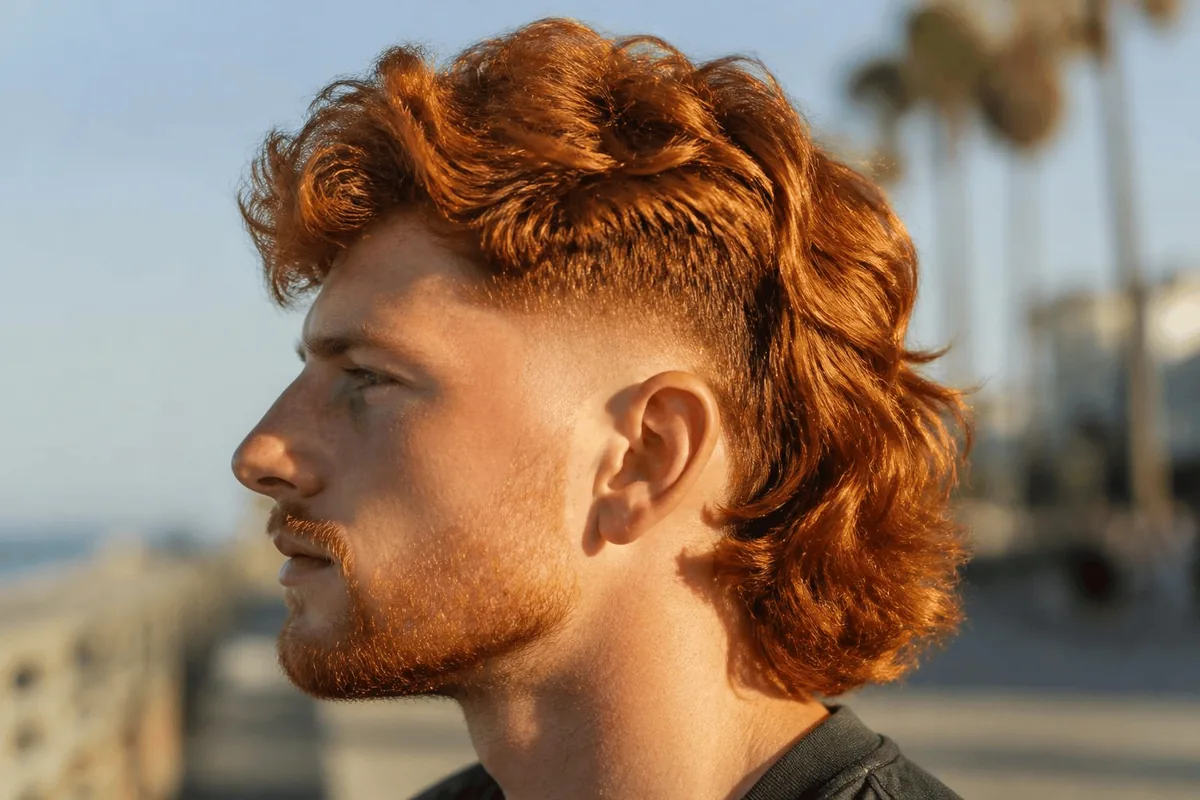 Wavy auburn drop fade mullet on a boardwalk