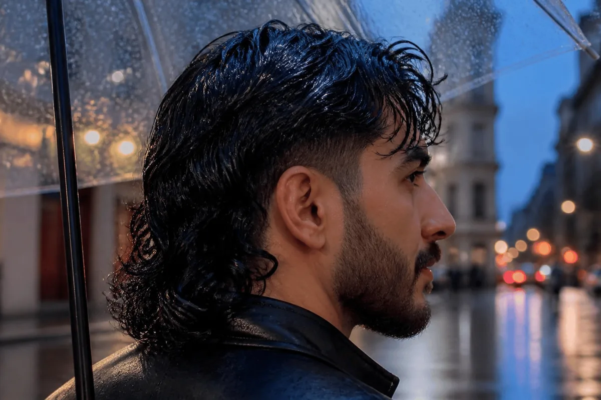 Wavy drop fade mullet in the rain under an umbrella
