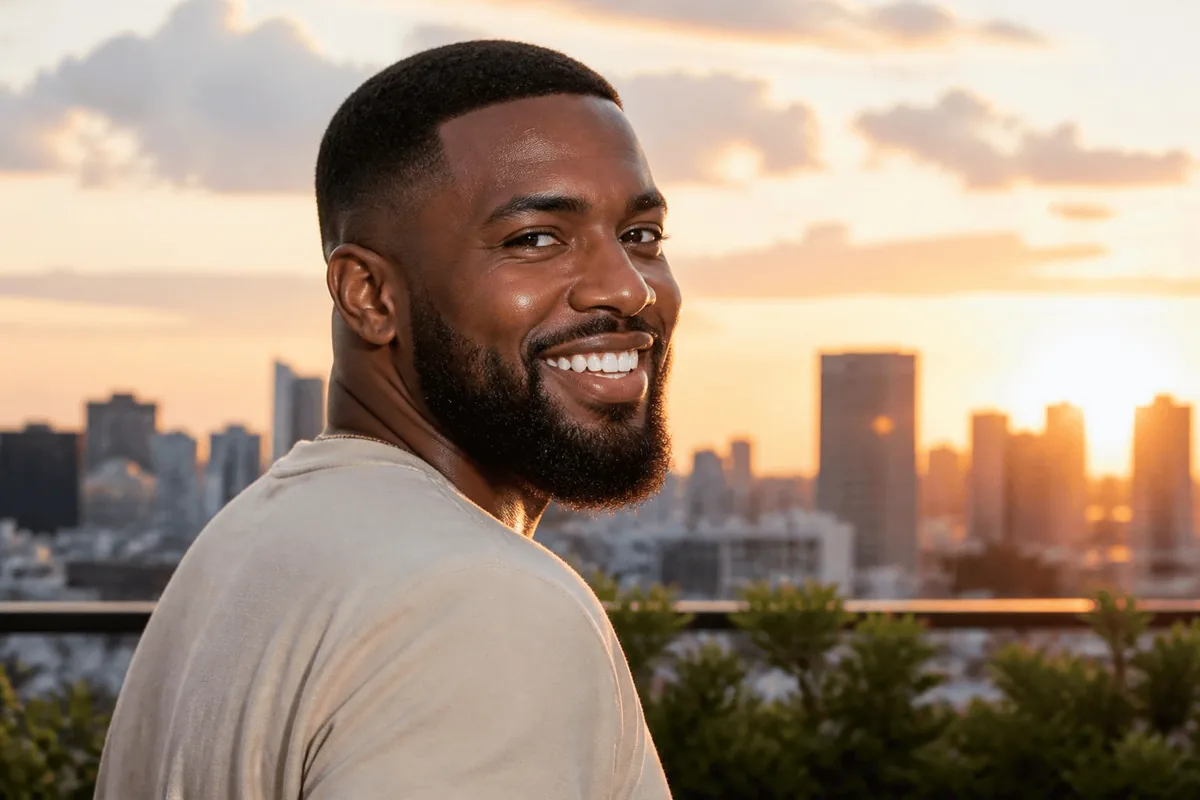 Drop fade neckline with beard rooftop sunset