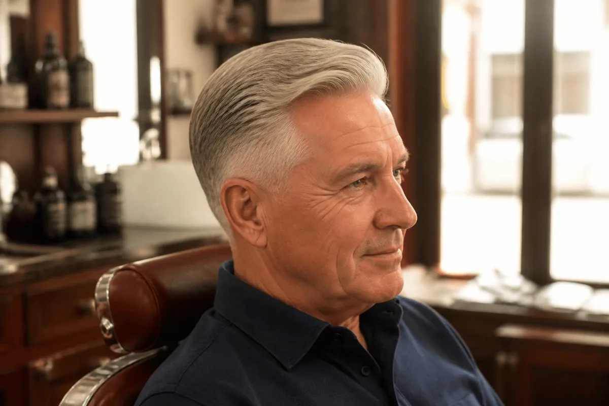 Drop fade for older men with silver grey hair and a neat side part