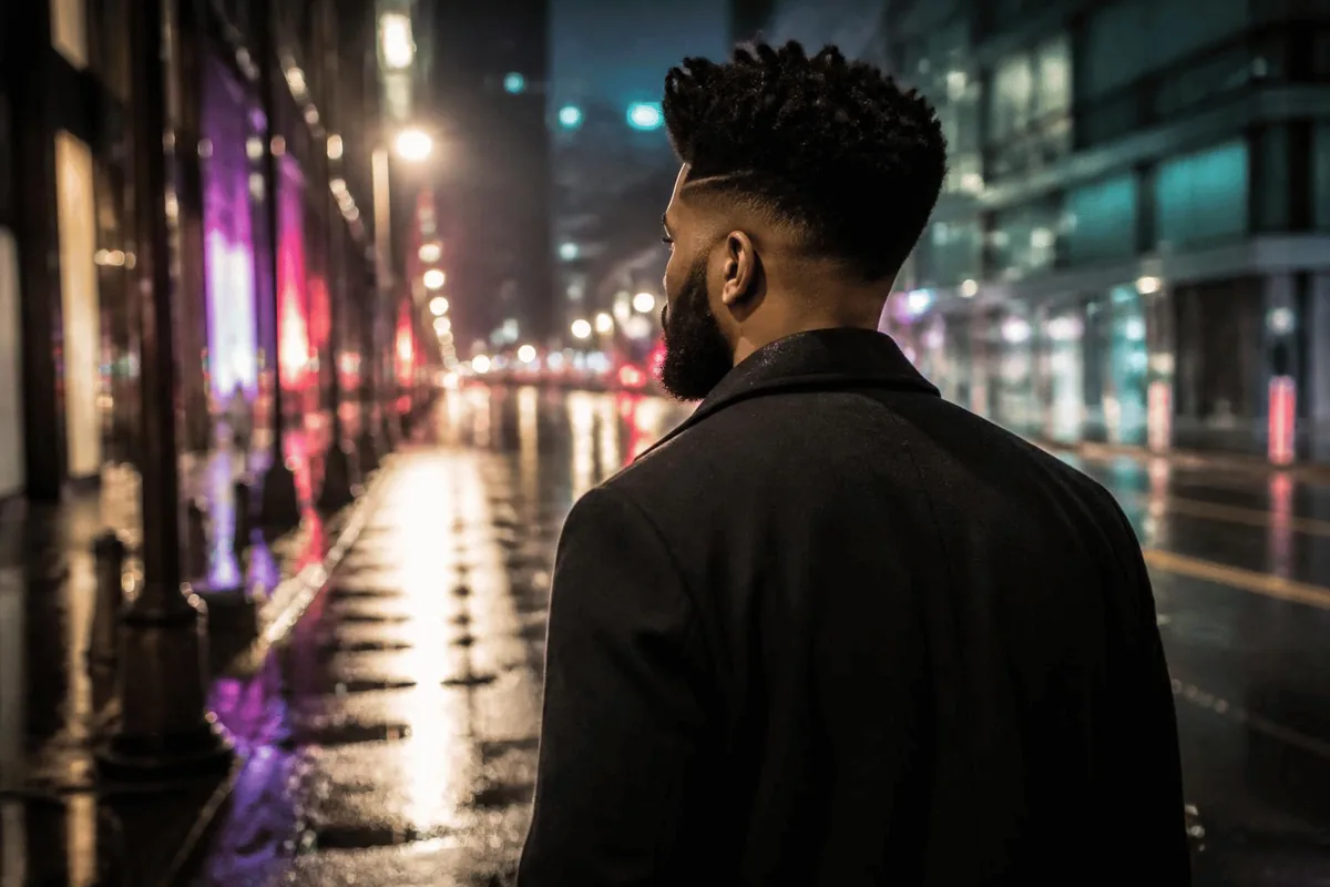 Drop fade pompadour beard rainy night back view