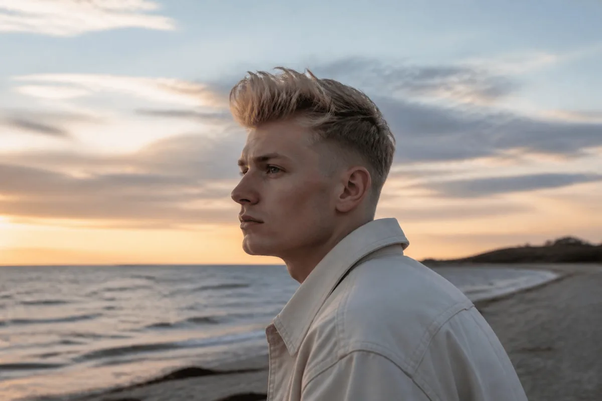 Drop fade pompadour blond beach sunrise